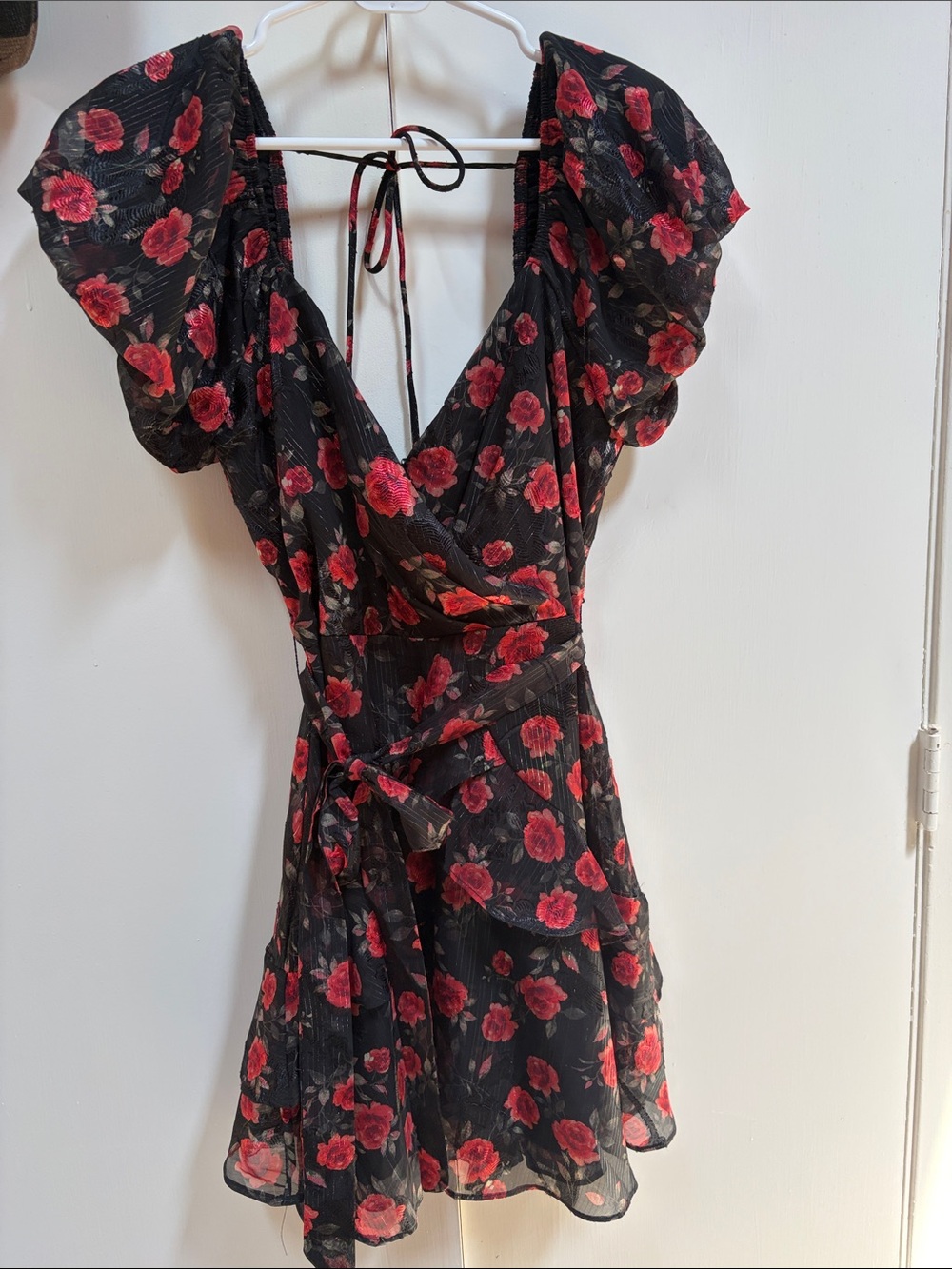 Nordstrom Black Wrap Mini Dress with Red Floral Print